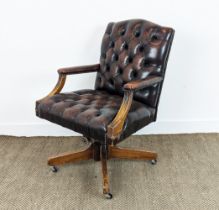 20th CENTURY "HILLCREST" BROWN LEATHER REVOLVING DESK CHAIR, mahogany frame, British made, 96cm H