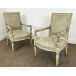 FAUTEUILS, a pair, French Directoire design painted beech frames upholstered in Rose Tarlow Calais