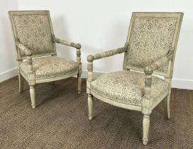 FAUTEUILS, a pair, French Directoire design painted beech frames upholstered in Rose Tarlow Calais