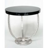 PORTA ROMANA SIDE TABLE, circular ebonised with antiqued silvered tripod inswept supports, 52cm x