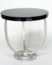 PORTA ROMANA SIDE TABLE, circular ebonised with antiqued silvered tripod inswept supports, 52cm x