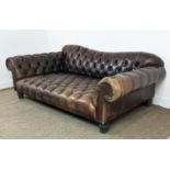 SOFA, deep seated in buttoned brown leather, 74cm H x 205cm W x 107cm D.