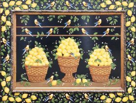 MANNER OF MIGUEL CANALS, 'Still life with lemons and birds', oil on panel, 141cm x 185cm, framed.