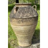 GARDEN AMPHORA, well weathered terracotta with loop handles and incised detail, 73cm H.