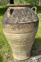 GARDEN AMPHORA, well weathered terracotta with loop handles and incised detail, 73cm H.
