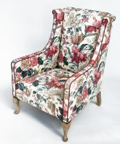 ARMCHAIR, Edwardian country house style printed floral and contrast piping upholstered.