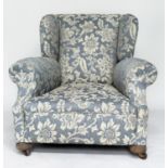 WING ARMCHAIR, Victorian Howard style with blue and white pleated upholstery on bun supports, 87cm H