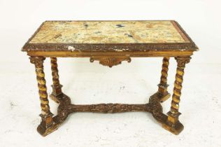 CENTRE TABLE, 18th century Continental giltwood with silk textile top, 75cm H x 115cm x 59cm.