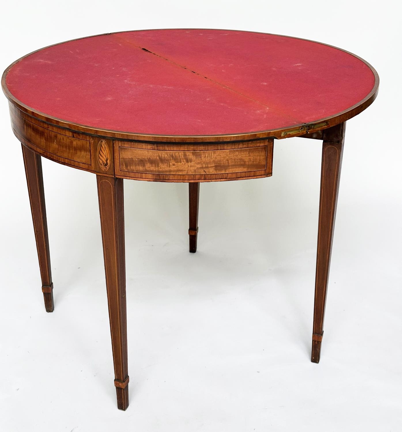 CARD TABLE, George III flame mahogany demi lune polychrome floral painted satinwood crossbanded, - Image 13 of 14