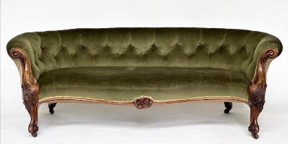 SOFA, Victorian walnut with deep button green velvet upholstery, and carved supports, 198cm W.