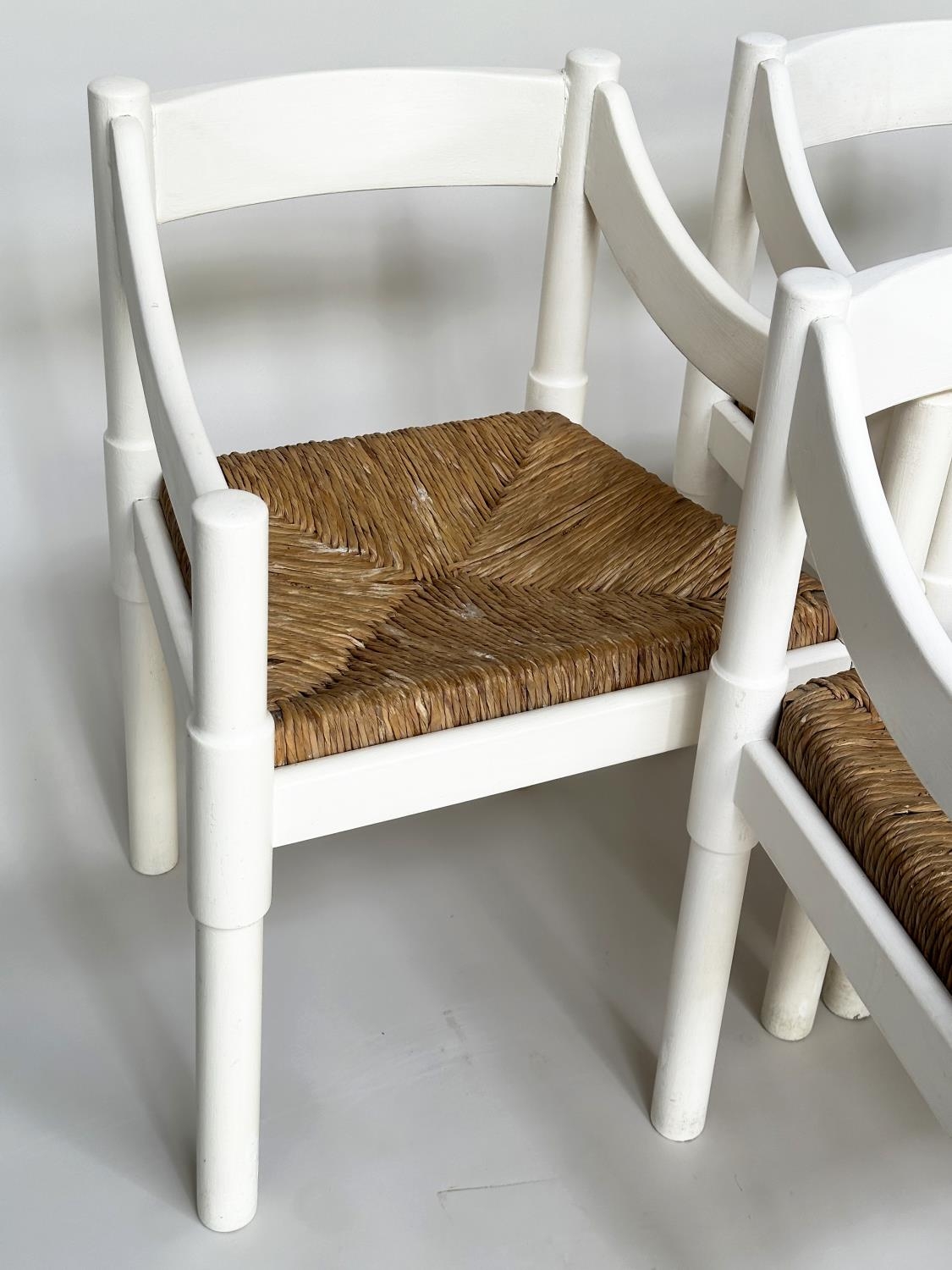 ATTRIBUTED TO VICO MAGISTRETTI CARIMATE CHAIRS, a set of six, white with rush seats. (6) - Image 8 of 13