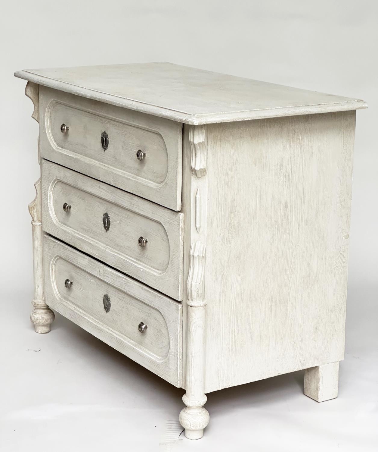 COMMODE, 19th century French traditionally grey painted with three long drawers and turned supports, - Image 8 of 10