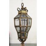 HALL LANTERN, octagonal brass with faceted glass panels, three branch, 80cm H approx.