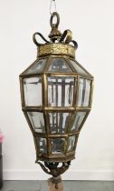 HALL LANTERN, octagonal brass with faceted glass panels, three branch, 80cm H approx.