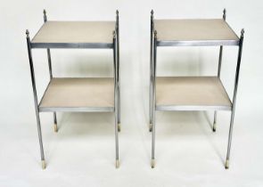 LAMP TABLES, a pair, early 20th century polished steel square two tiered each with neutral grained