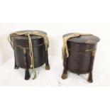 JAPANESE HOKAI, a pair, Meisi black lacquer with engraved brass fittings, 46cm H x 45cm D. (2)