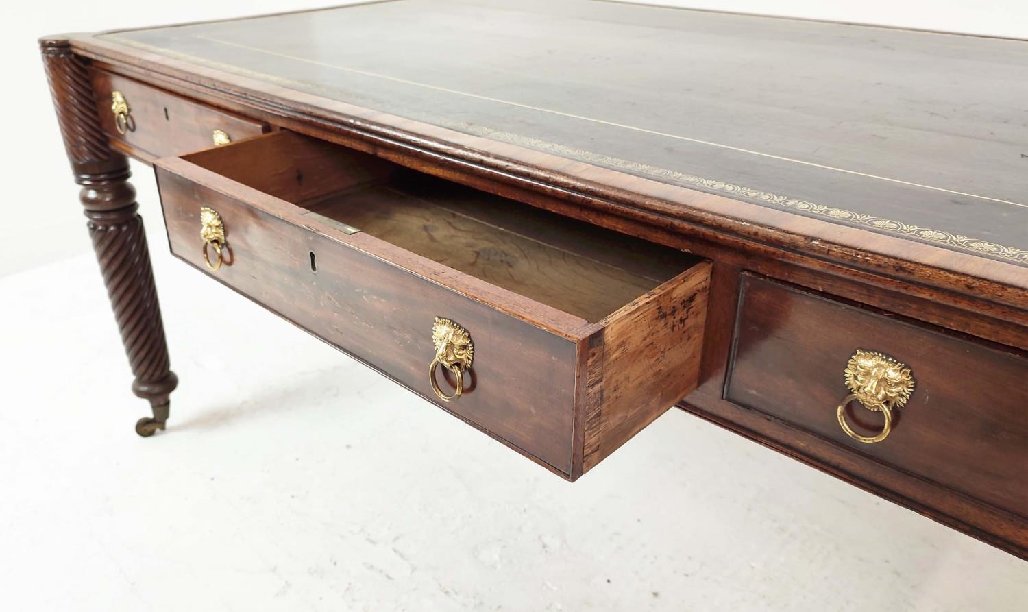 LIBRARY TABLE, Regency mahogany with three drawers to each side, inset tooled leather writing - Image 11 of 13