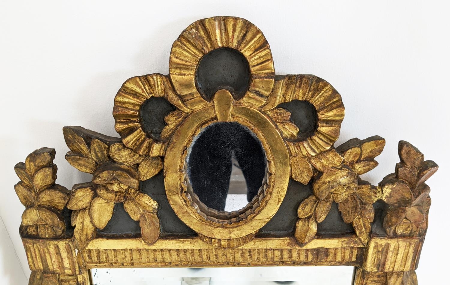 WALL MIRROR, Louis XVI giltwood and painted with bevelled plate and oval mirrored inset crest, - Image 4 of 6