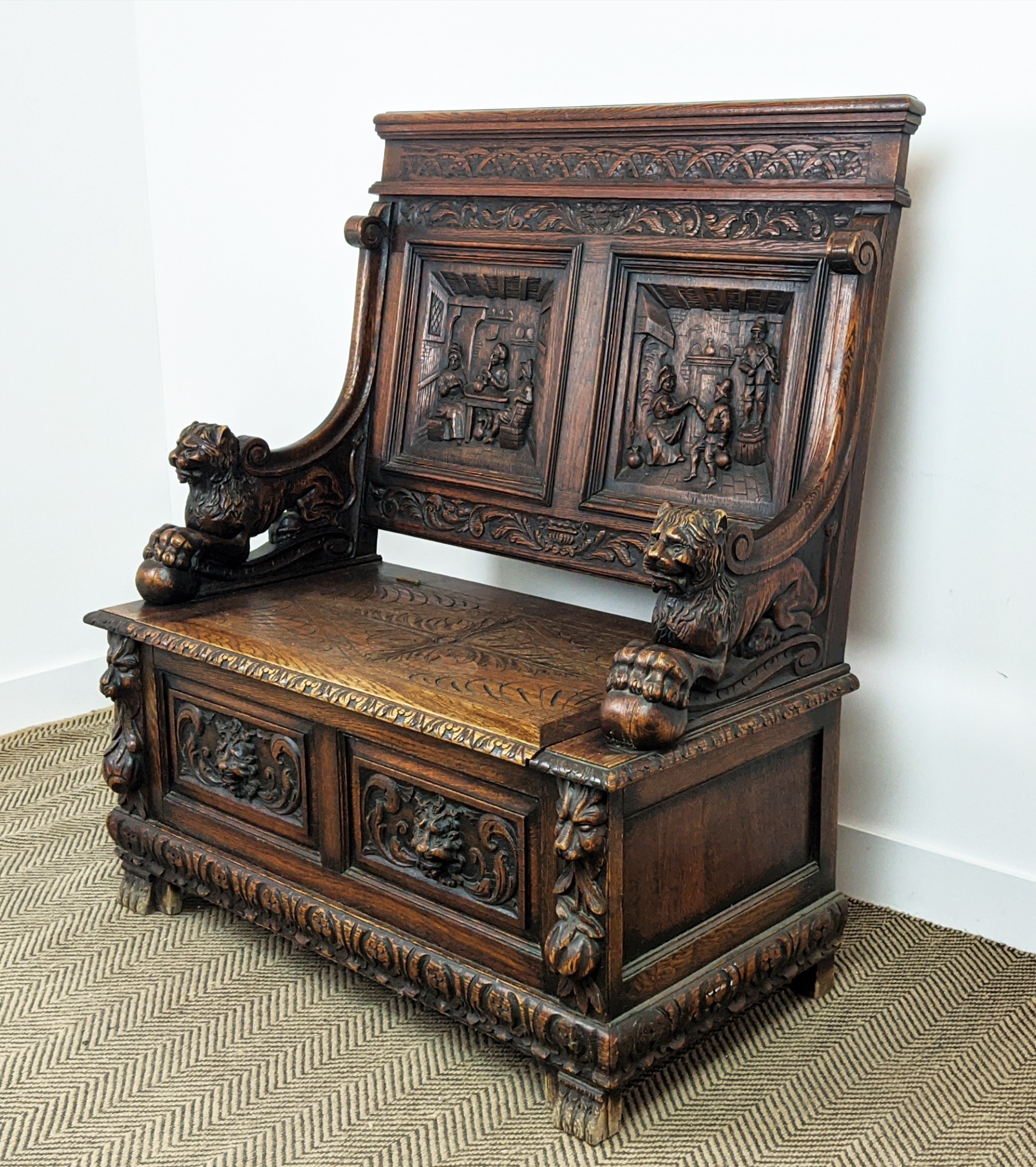 SETTLE, early 20th century Jacobean style oak with lion carved arms and hinged seat, 122cm H x - Image 4 of 12