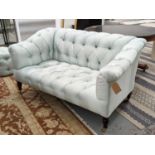 GEORGE SMITH SOFA, two seater, deep buttoned with light turquoise upholstery, 166cm W x 90cm H x