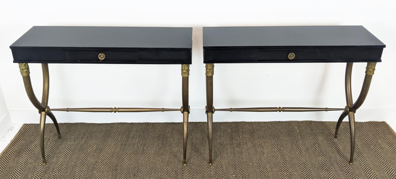 CONSOLE TABLES, a pair, gilt metal X frame supports, each with one drawer, 101cm x 32.5cm x 86. - Image 3 of 10