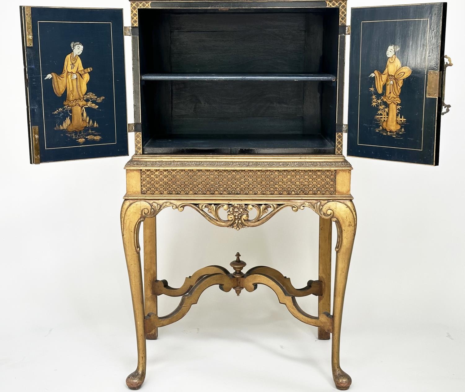 CABINET ON STAND, early 20th century English lacquered and gilt chinoiserie decorated, silvered - Image 8 of 11