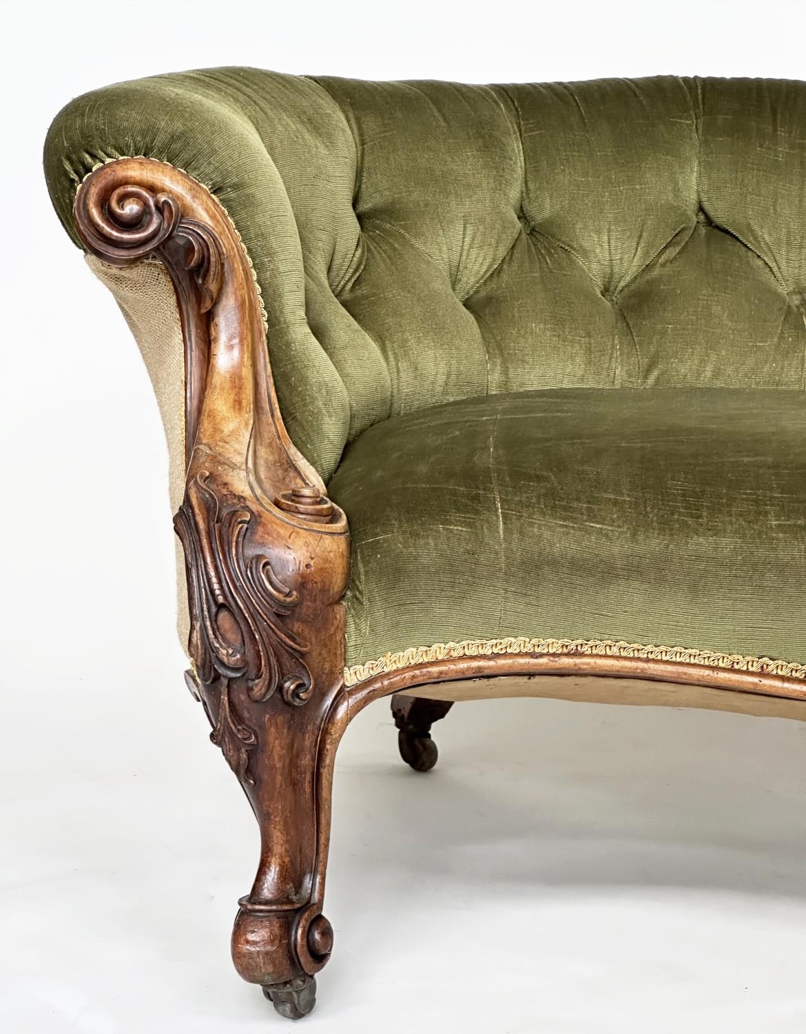 SOFA, Victorian walnut with deep button green velvet upholstery, and carved supports, 198cm W. - Image 3 of 7