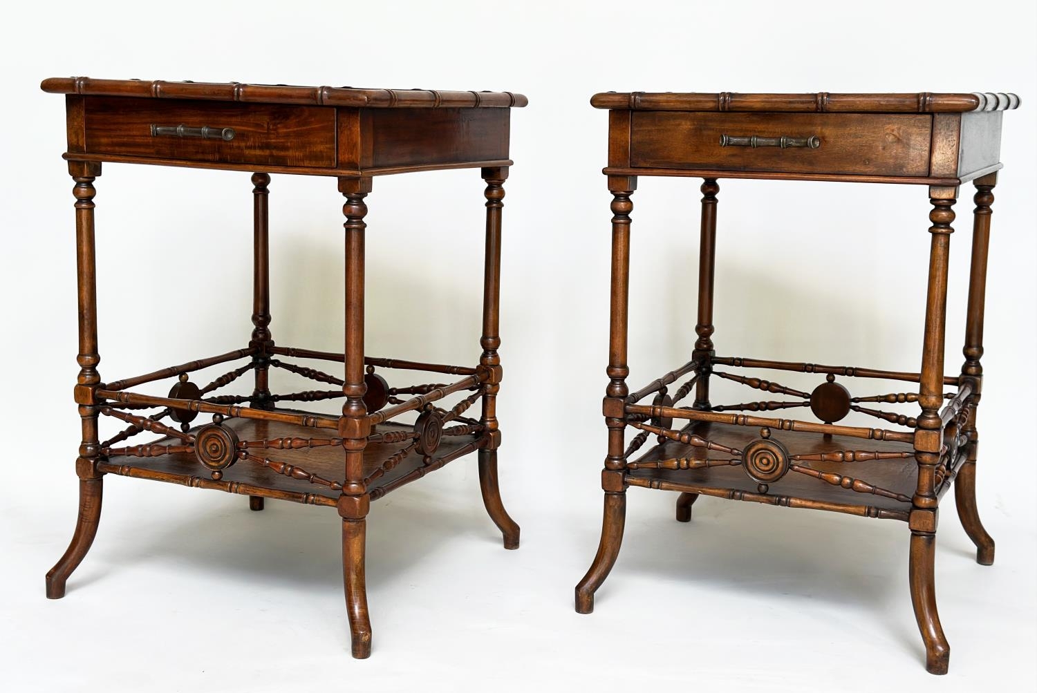 THEODORE ALEXANDER LAMP TABLES, a pair, Regency style, tooled leather faux bamboo and turned - Image 2 of 11