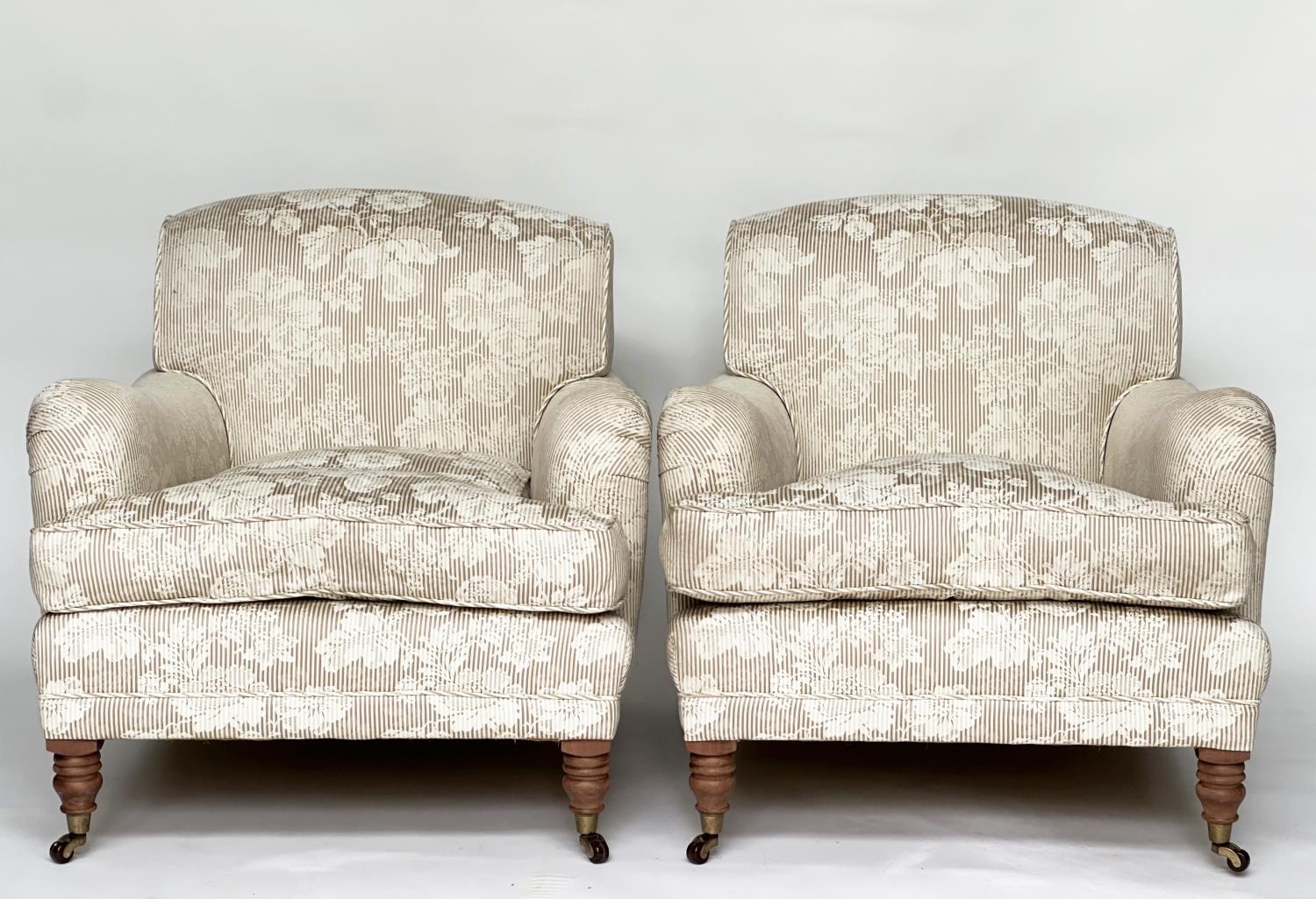 ARMCHAIRS, a pair, Howard style with floral and grey striped upholstery, 88cm W. (2) - Image 2 of 8