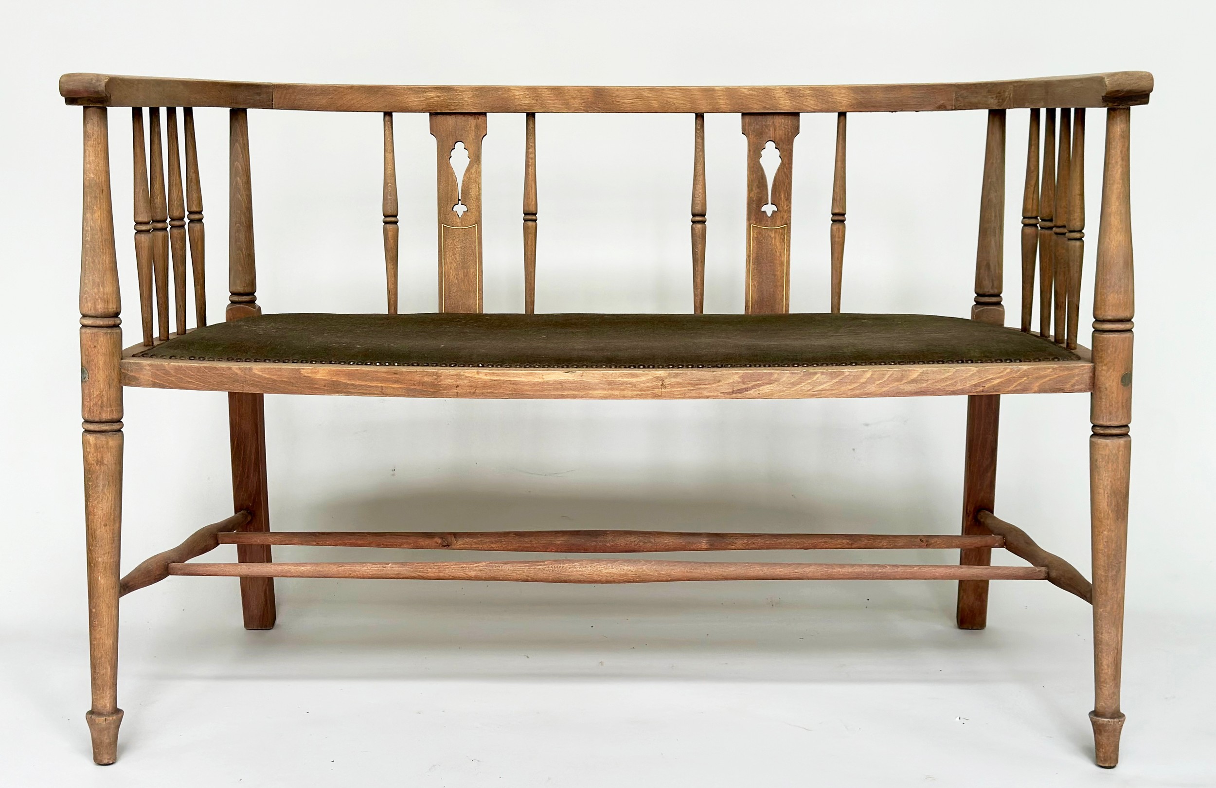 HALL SEAT, Edwardian fruitwood with studded upholstered seat and pierced splat back, 130cm W. - Image 2 of 7