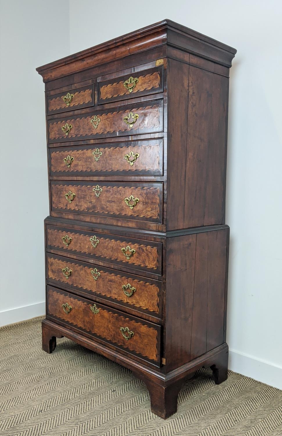 CHEST ON CHEST, George II burr elm and mahogany, circa 1750, with barber pole inlay and eight - Image 2 of 11
