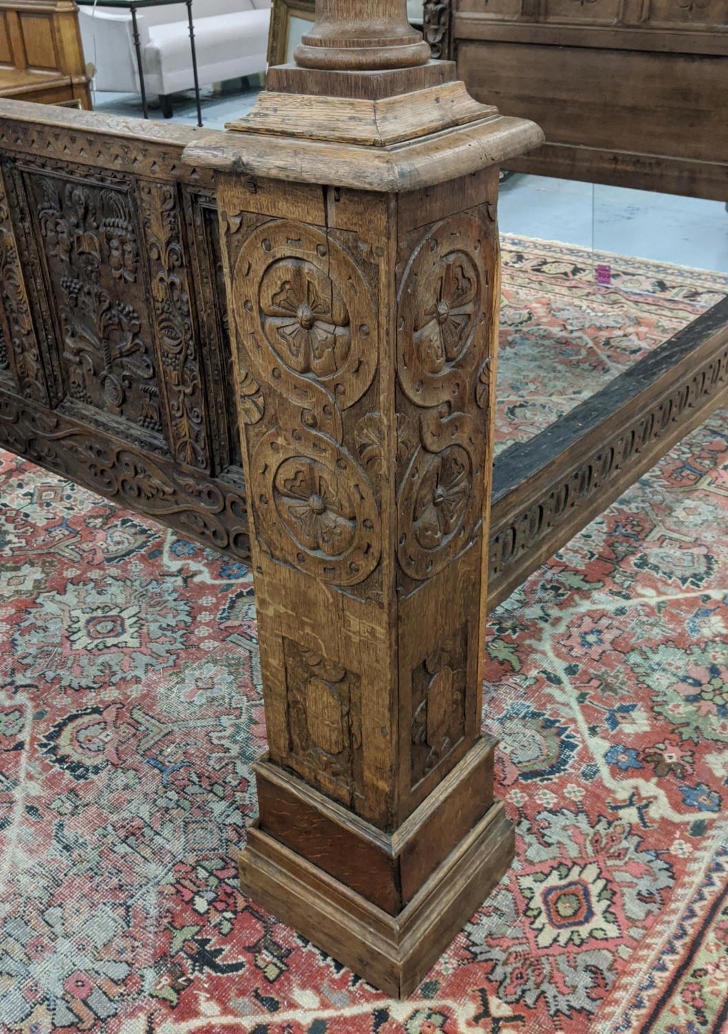 TESTER BED, 17th century oak, holly and fruitwood inlaid, carved panelled rectangular canopy above a - Image 3 of 11