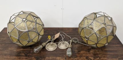 BALL CEILING PENDANT LIGHTS, a pair, glass and metal, 35cm drop not including chains and
