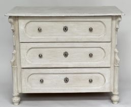 COMMODE, 19th century French traditionally grey painted with three long drawers and turned supports,