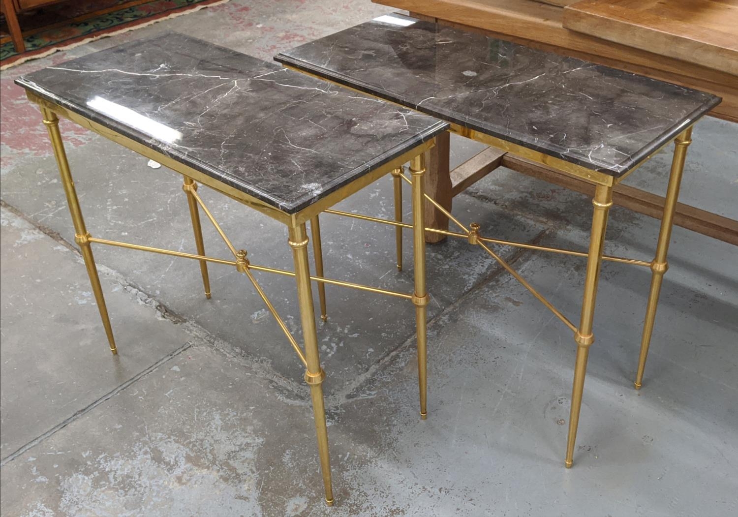CONSOLE TABLES, a pair, gilt metal, marble tops, 85cm x 40cm x 75.5cm. (2) - Image 2 of 5