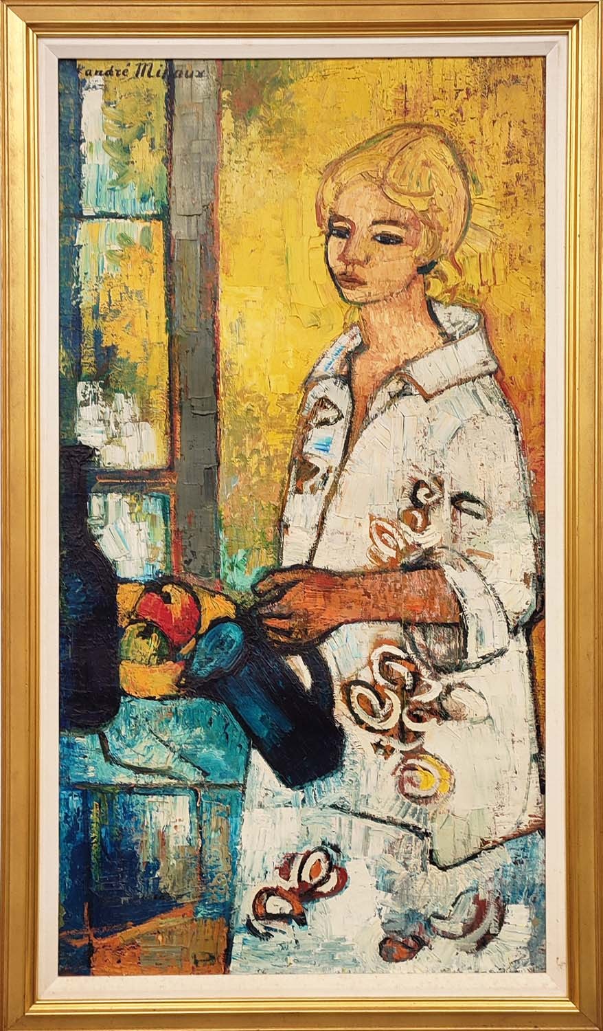 ANDRE MINAUX (French 1923-1986), 'Lady with Jug', oil on canvas, 130cm x 69cm, framed. (Subject to