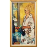 ANDRE MINAUX (French 1923-1986), 'Lady with Jug', oil on canvas, 130cm x 69cm, framed. (Subject to