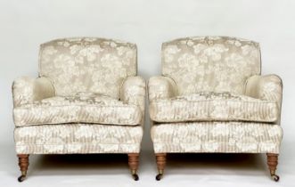ARMCHAIRS, a pair, Howard style with floral and grey striped upholstery, 88cm W. (2)