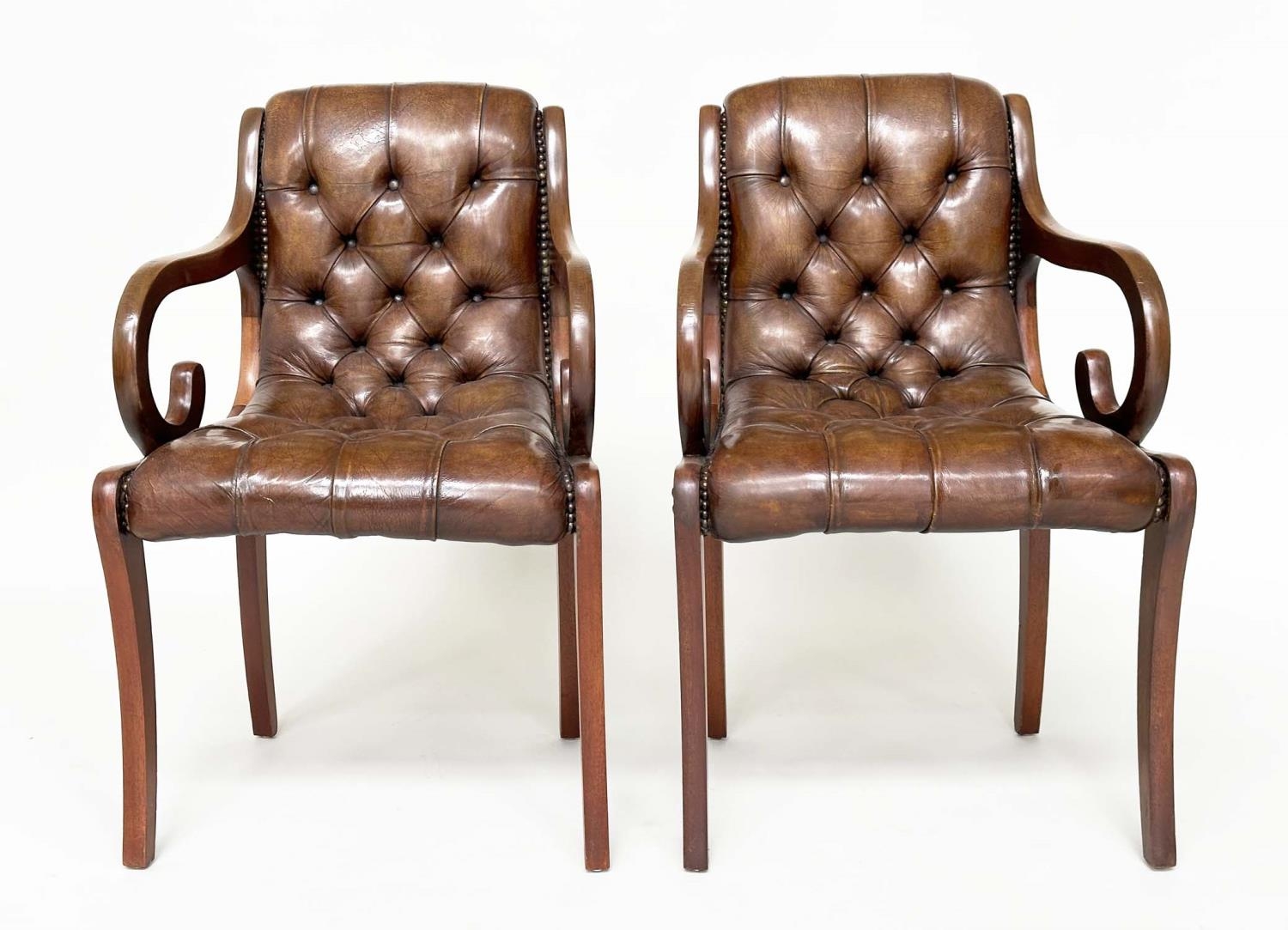 LIBRARY ARMCHAIRS, a pair, Georgian style buttoned soft natural antique brown leather upholstered - Image 9 of 9