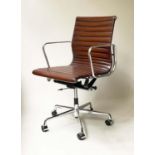 AFTER CHARLES AND RAY EAMES ALUMINIUM GROUP STYLE CHAIR, with ribbed natural soft brown leather seat