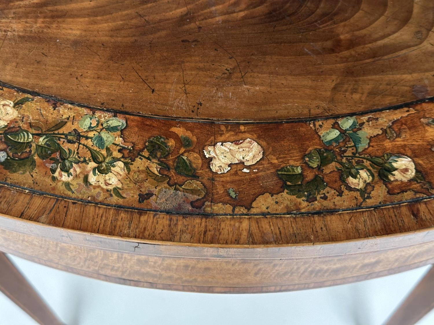CARD TABLE, George III flame mahogany demi lune polychrome floral painted satinwood crossbanded, - Image 2 of 14