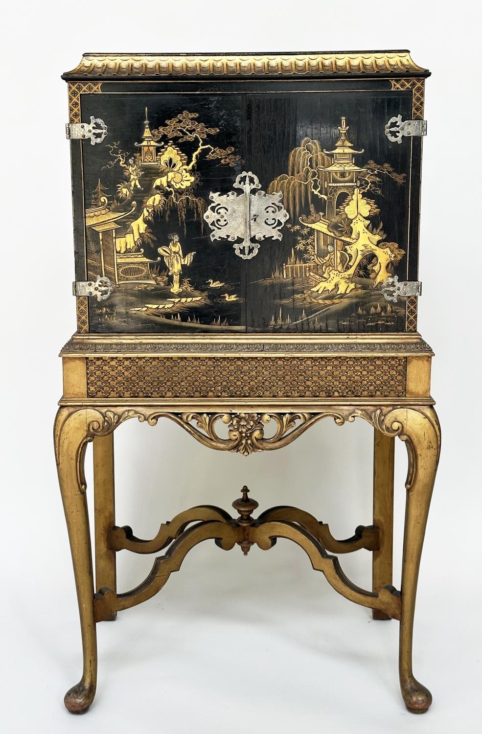 CABINET ON STAND, early 20th century English lacquered and gilt chinoiserie decorated, silvered - Image 11 of 11