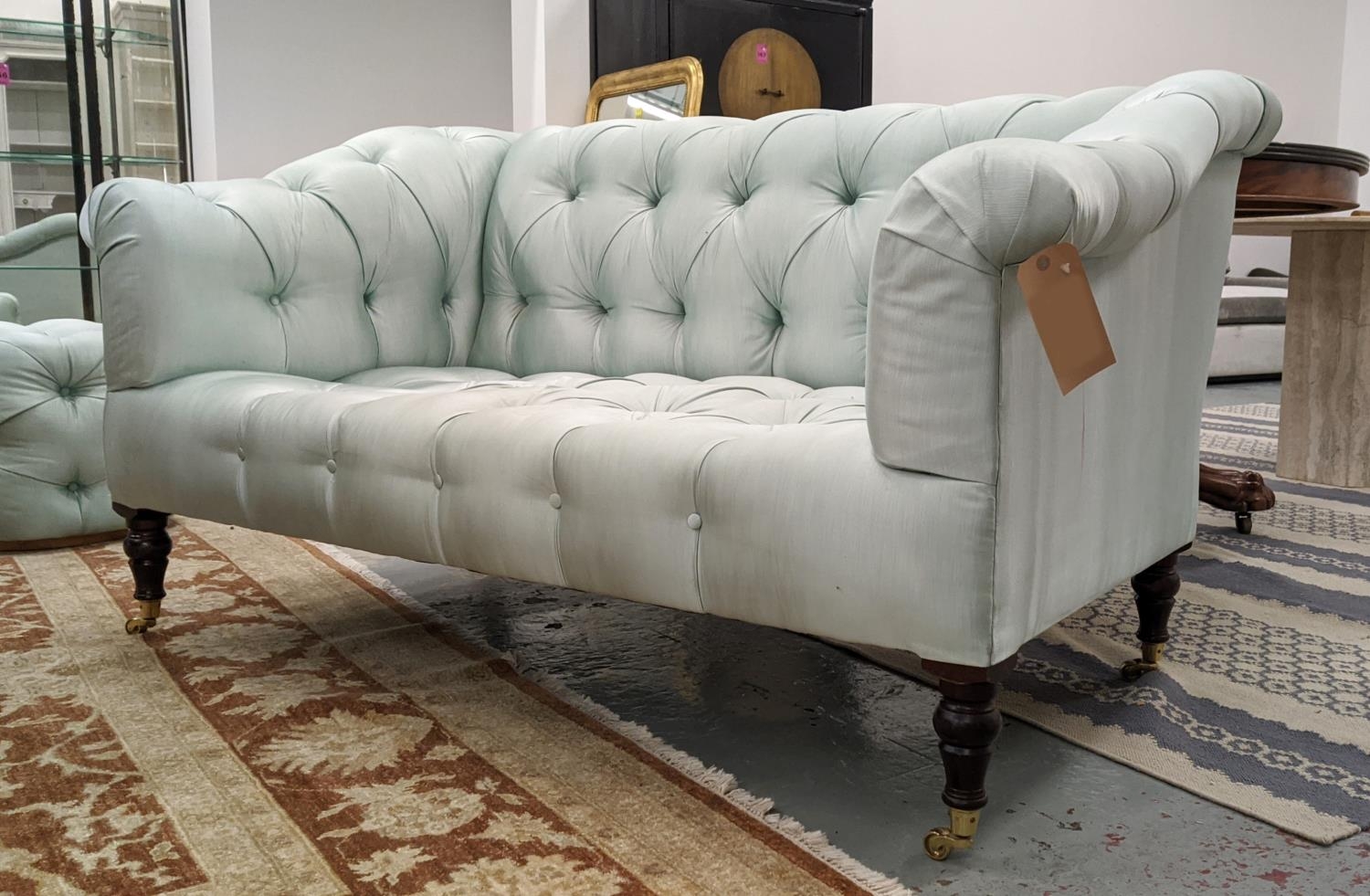 GEORGE SMITH SOFA, two seater, deep buttoned with light turquoise upholstery, 166cm W x 90cm H x - Image 2 of 8