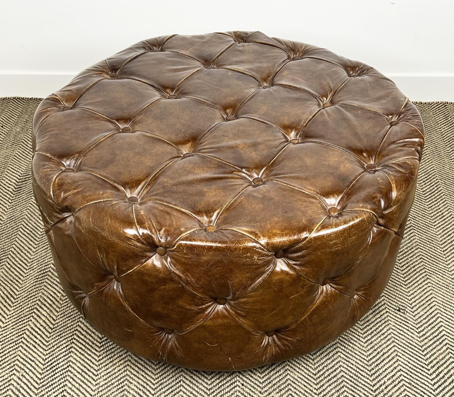 FOOTSTOOL, revolving buttoned hand dyed tanned leather, 55cm H x 98cm diam. - Image 2 of 5