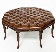 CENTRE STOOL, Regency style octagonal buttoned soft natural antique brown leather upholstered,