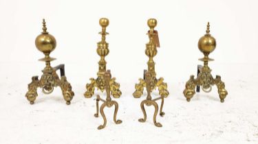 ANDIRONS, three pairs, brass and iron, largest 50cm H. (6)