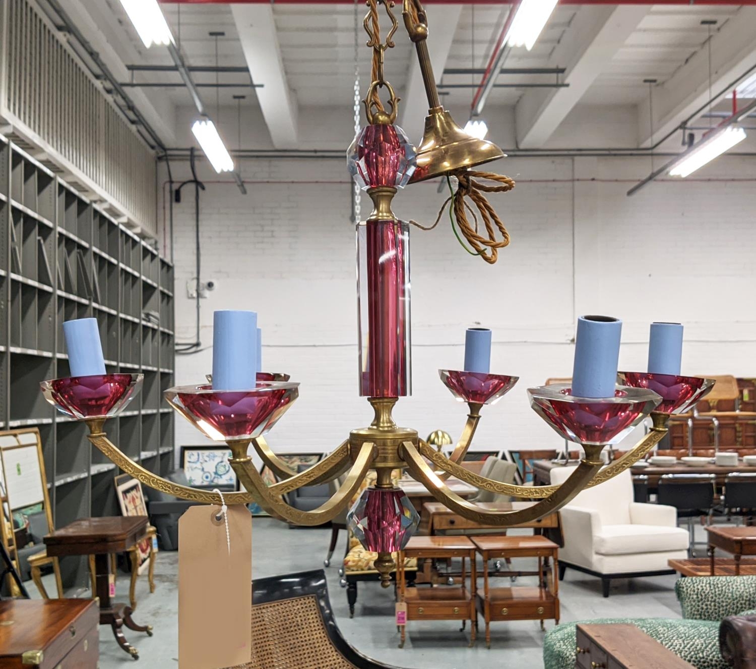 MURANO GLASS CHANDELIER, vintage mid 20th century Cranberry Mazzucato cut glass prisms, 75cm drop - Image 2 of 6