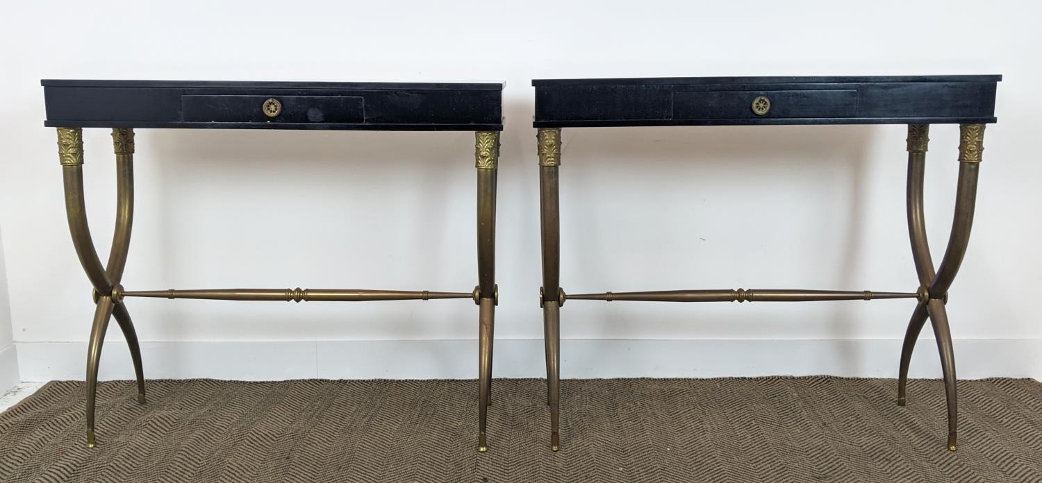 CONSOLE TABLES, a pair, gilt metal X frame supports, each with one drawer, 101cm x 32.5cm x 86. - Image 2 of 10