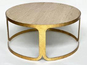 LUXOR COFFEE TABLE, contemporary circular Italian travertine marble raised upon leaf gilded metal