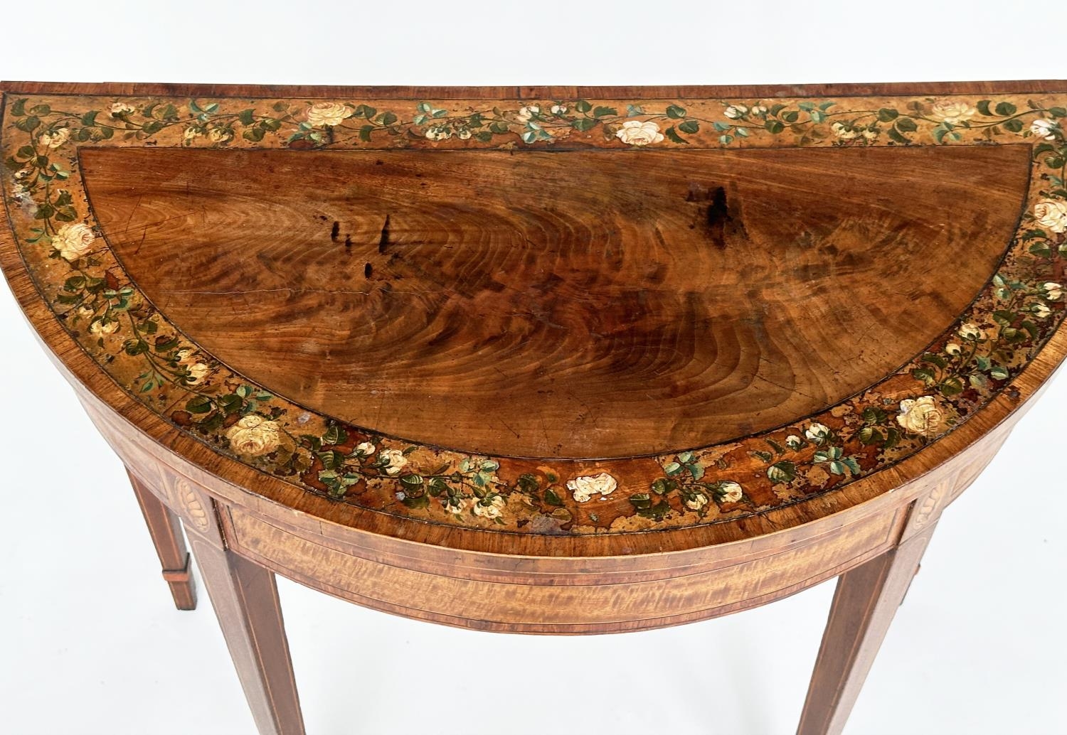 CARD TABLE, George III flame mahogany demi lune polychrome floral painted satinwood crossbanded, - Image 3 of 14